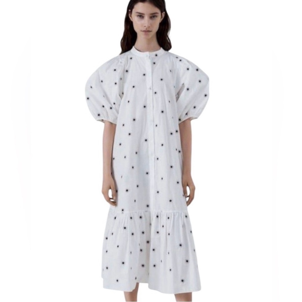 Zara White Cotton Embroidered Midi Dress with Puffed Sleeves - Picture 3 of 5